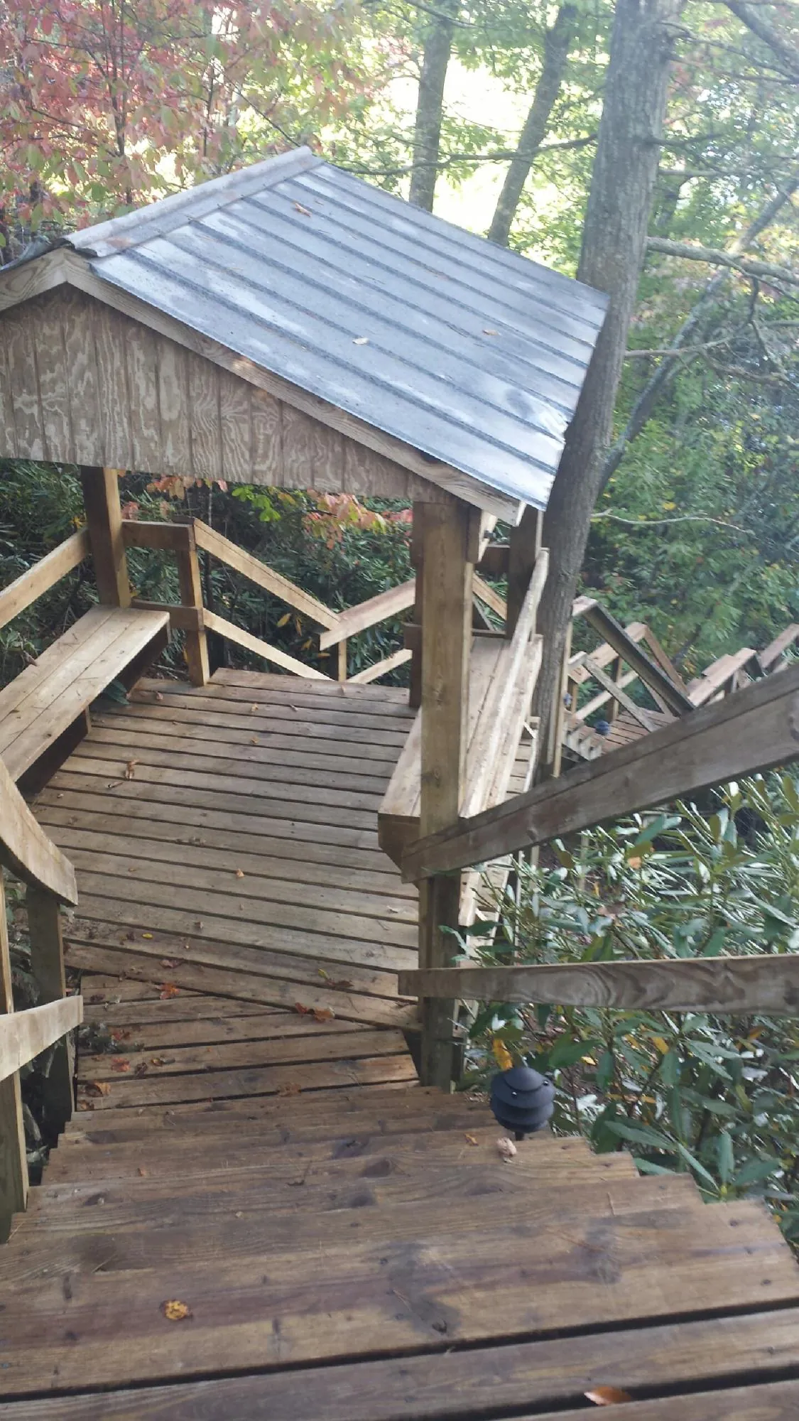 Metal roofed shelter over wooden steps on a wooded walkway — Skylight Repair & Installation work by our crew in Indiana